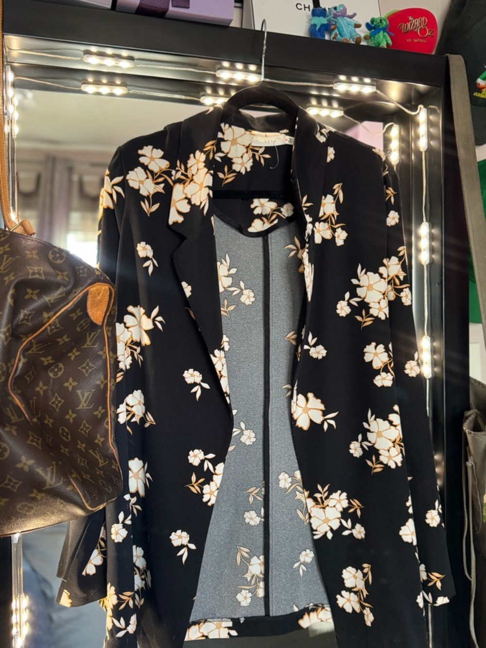 Lush Black oversized Blazer with White & Cream Floral Print